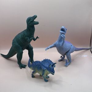 GREENBRIER INTL. T-Rex Tyrannosaurus, Vtg Purple Velociraptor & Blue Triceratops